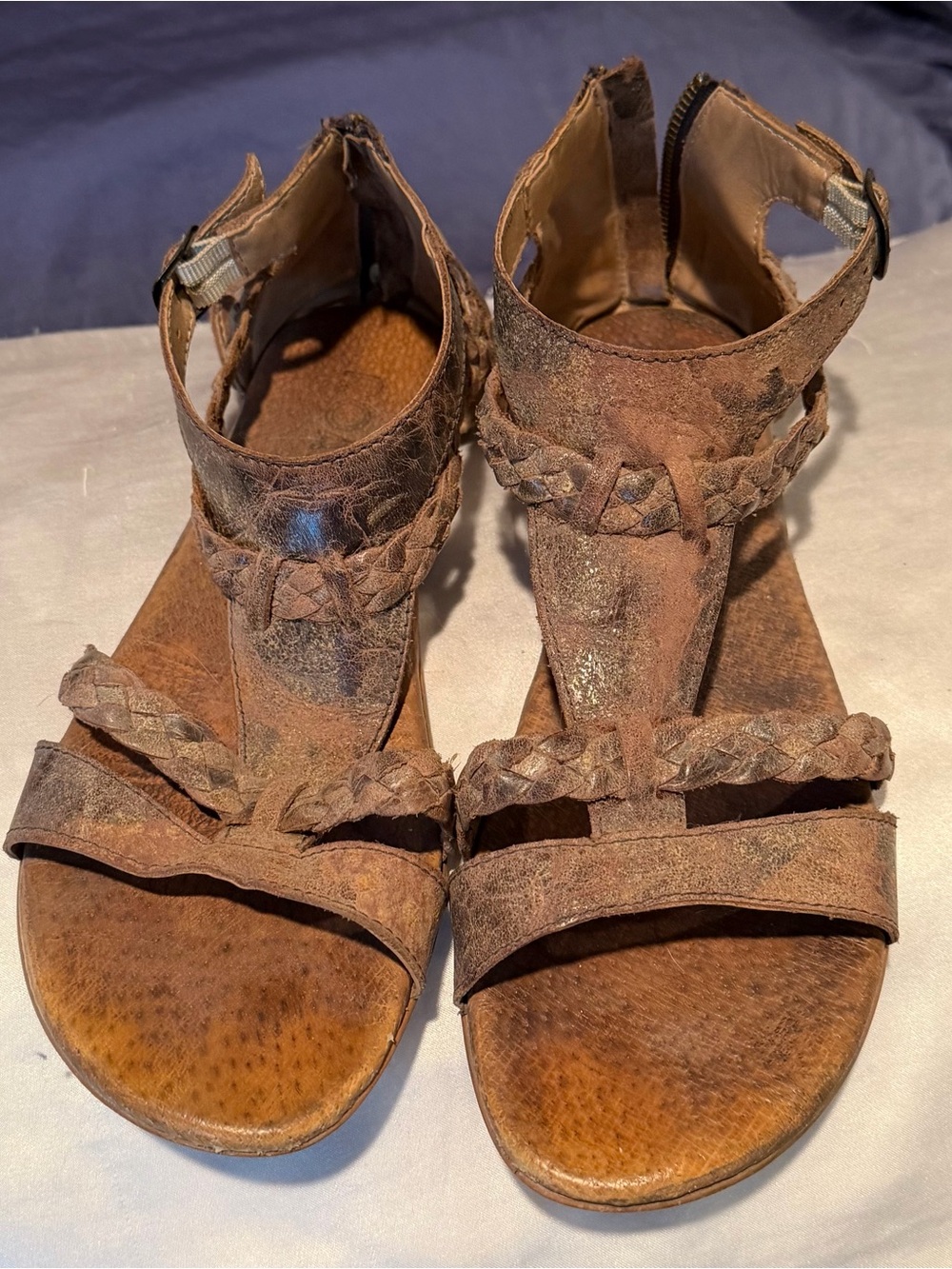 Braided T-Strap Brown Women’s Sandals with Ankle Closure